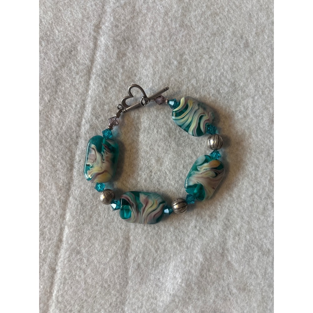 Unbranded‎ Lampwork Glass Bead Bracelet Womens OS Teal Excellent Heart Toggle